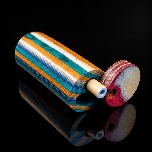 A handcrafted wooden flute with a vibrant striped pattern of orange, teal, white, and brown wood layers, shown on a reflective black surface.