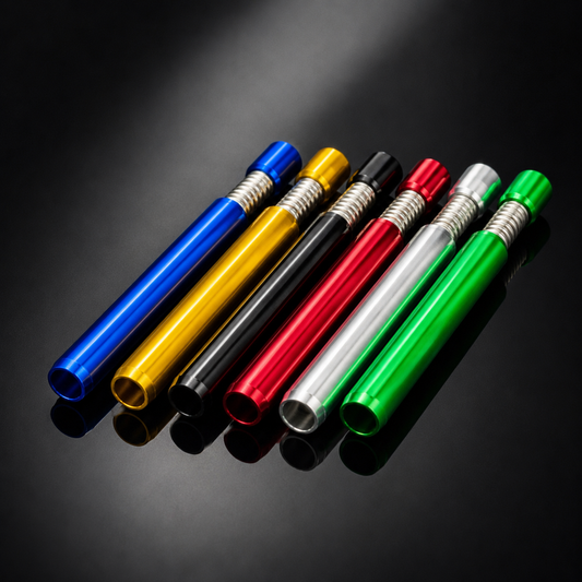 Six metallic cylindrical tools or accessories arranged diagonally on a glossy black surface, shown in blue, yellow, black, red, silver, and green with silver threaded sections near the ends.
