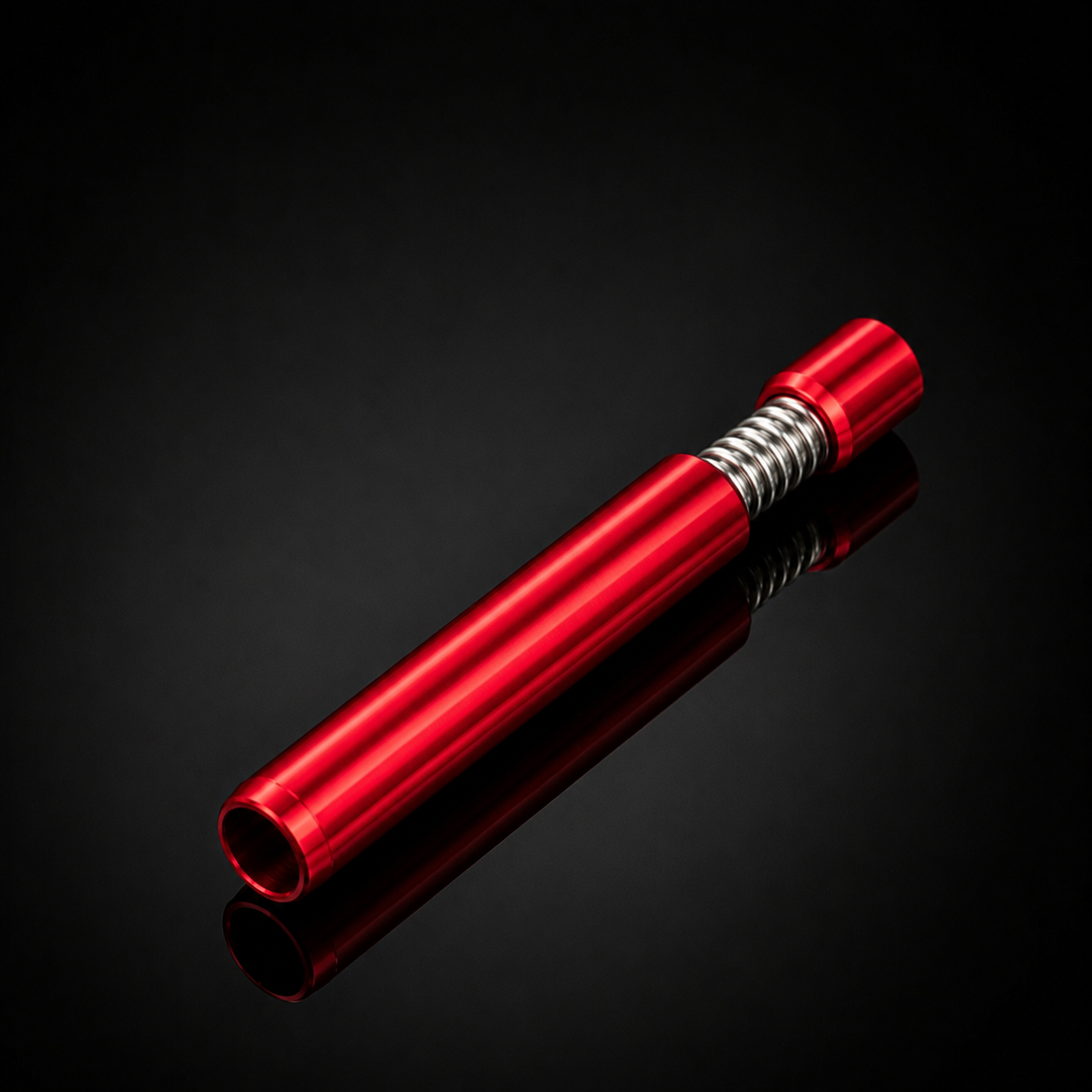A metallic red cylindrical tool or accessory with a silver coiled spring section, photographed diagonally on a reflective black background.