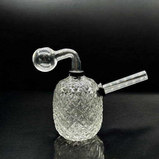 4-inch clear diamond-cut oil burner glass bubbler with curved mouthpiece and removable downstem