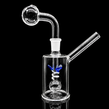 Glass water pipe with blue butterfly decoration on a black background