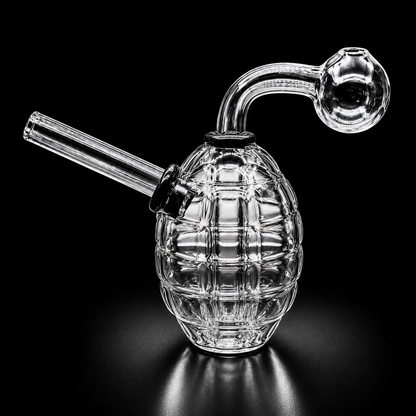 Glass smoking device shaped like a grenade on a black background