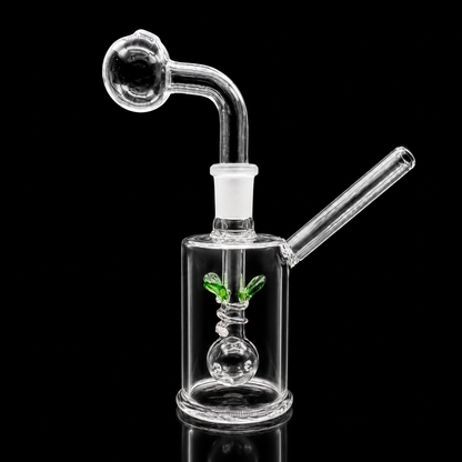 Clear glass smoking device with a small plant inside on a black background