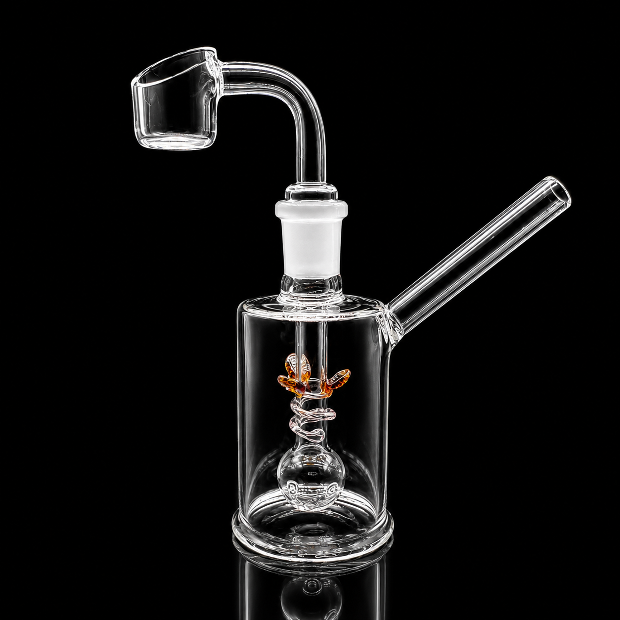 Clear glass water pipe with spiral design on a black background