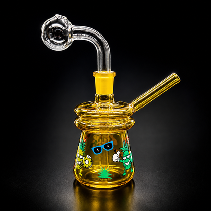 Glass smoking device with cartoon designs on a black background