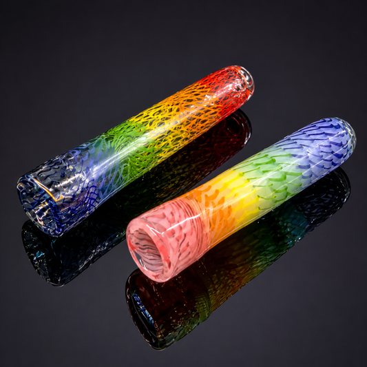 Two colorful glass pipes on a reflective black surface with a dark background