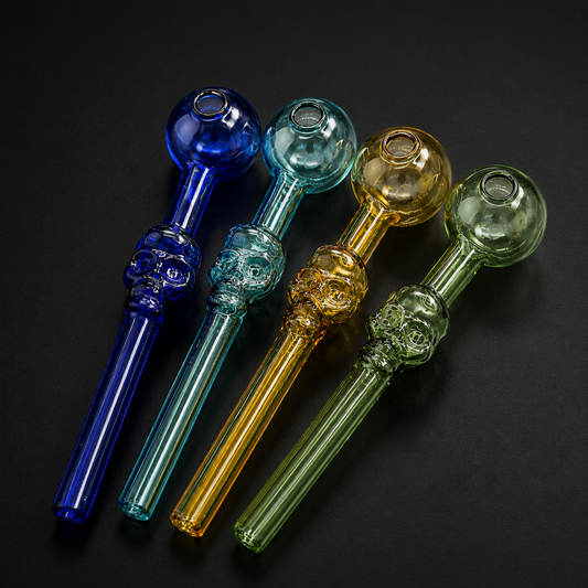 Four glass pipes in blue, green, yellow, and red on a black background