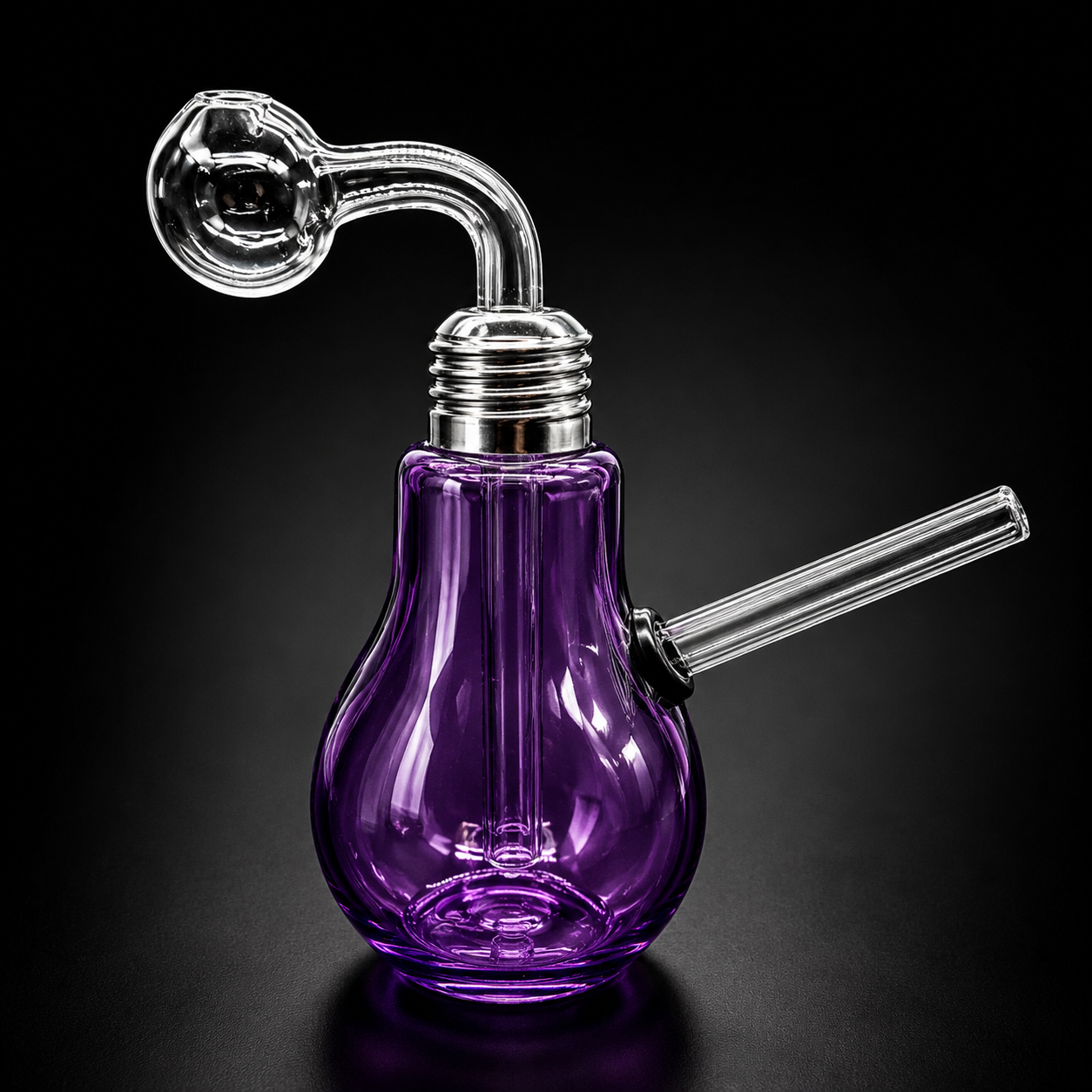 Purple glass water pipe shaped like a light bulb on a black background