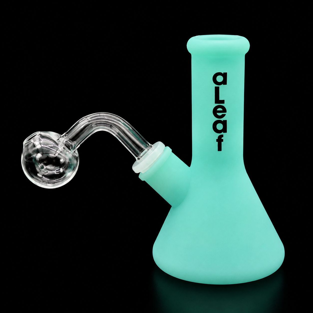 Turquoise glass smoking device with 'aLeaf' branding on a black background