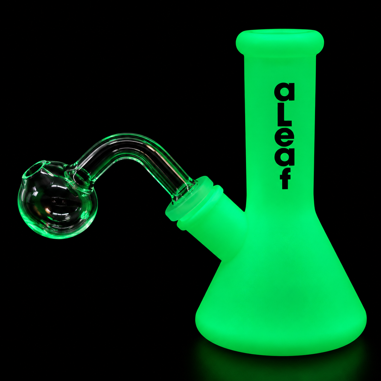 Glowing green glass smoking device with 'aLeaf' branding on a black background