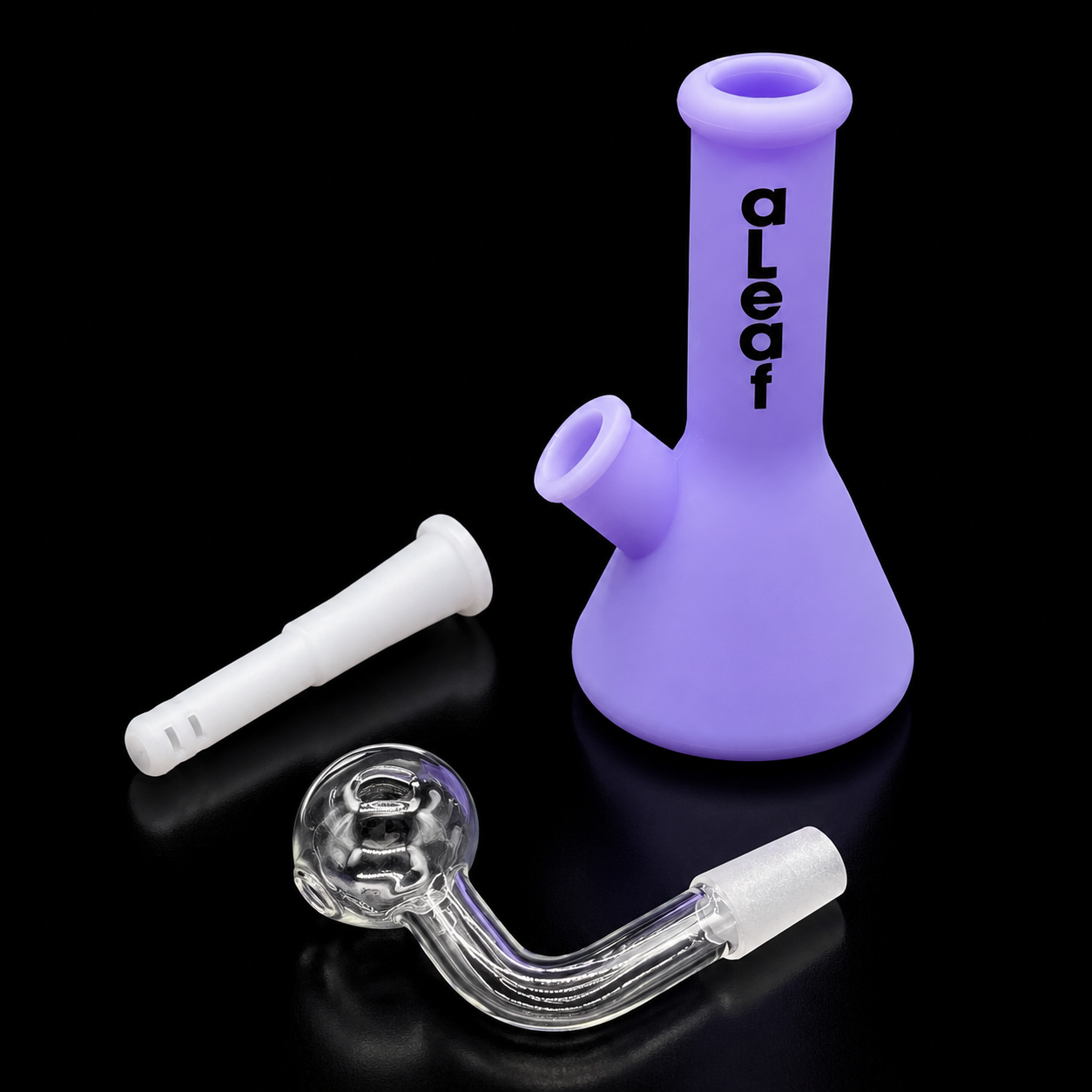 Purple silicone smoking device with clear glass attachment on a black background