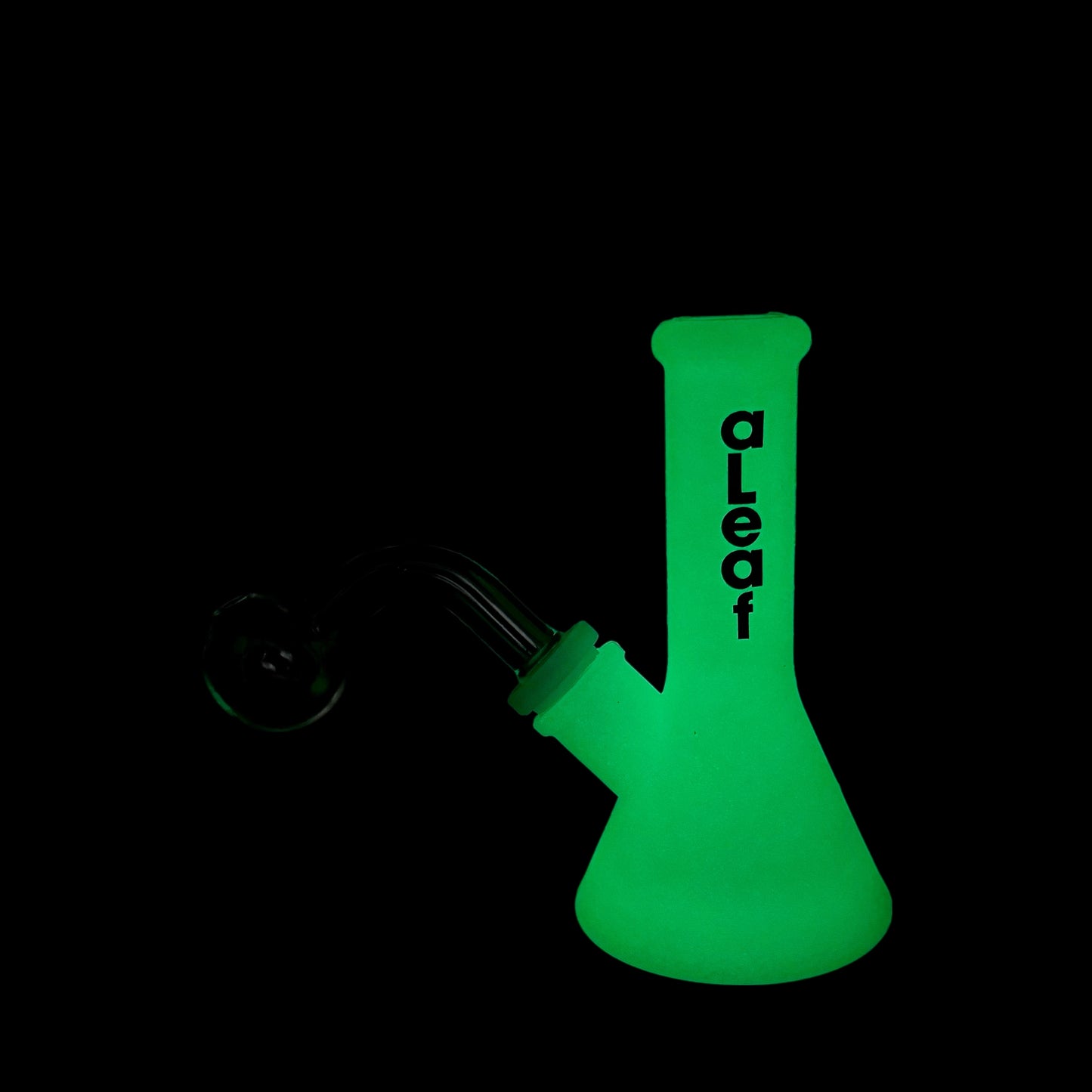 Green glow-in-the-dark smoking device with 'aLeaf' branding on a black background