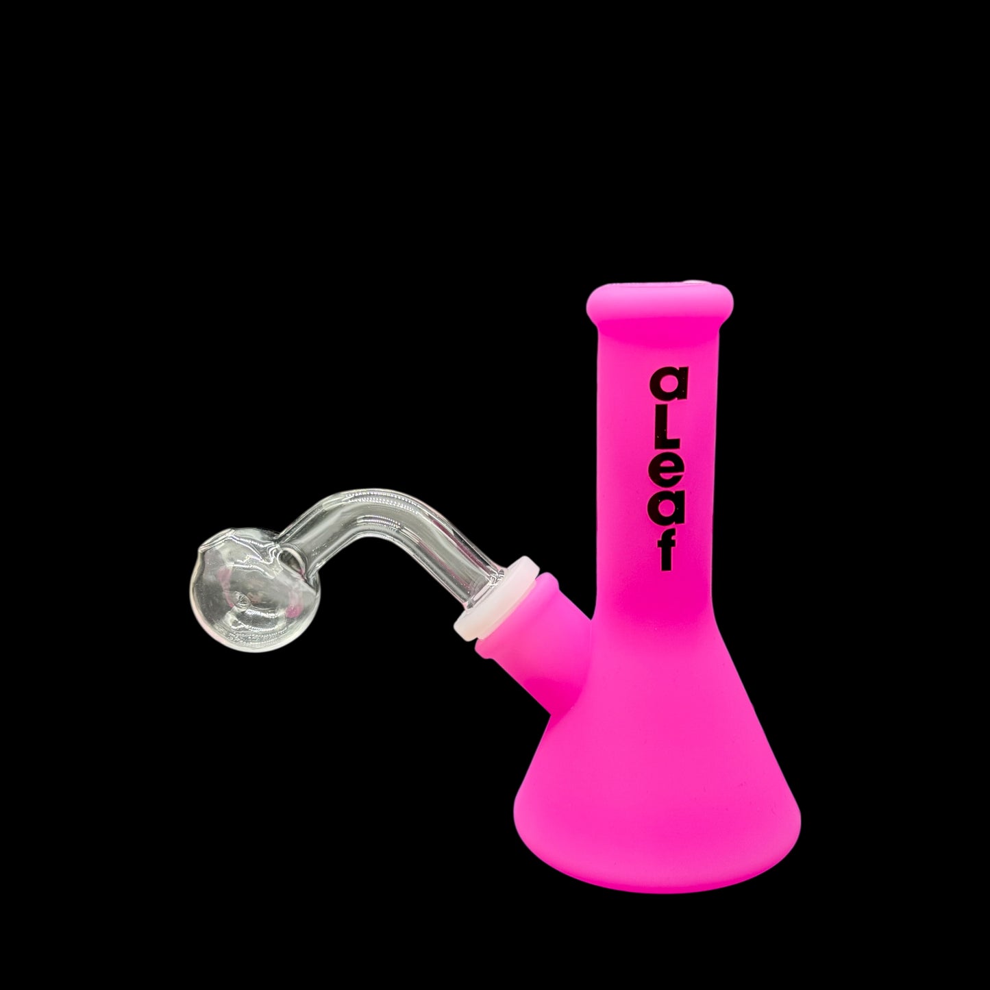 Pink glass smoking device with 'aleaf' branding on a black background