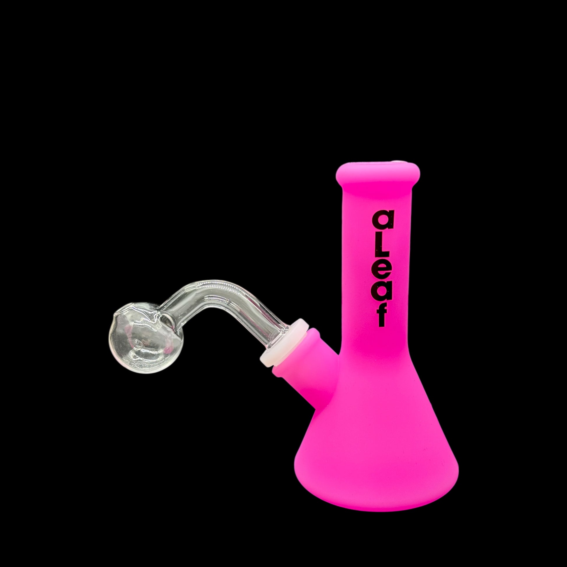 Pink glass smoking device with 'aleaf' branding on a black background