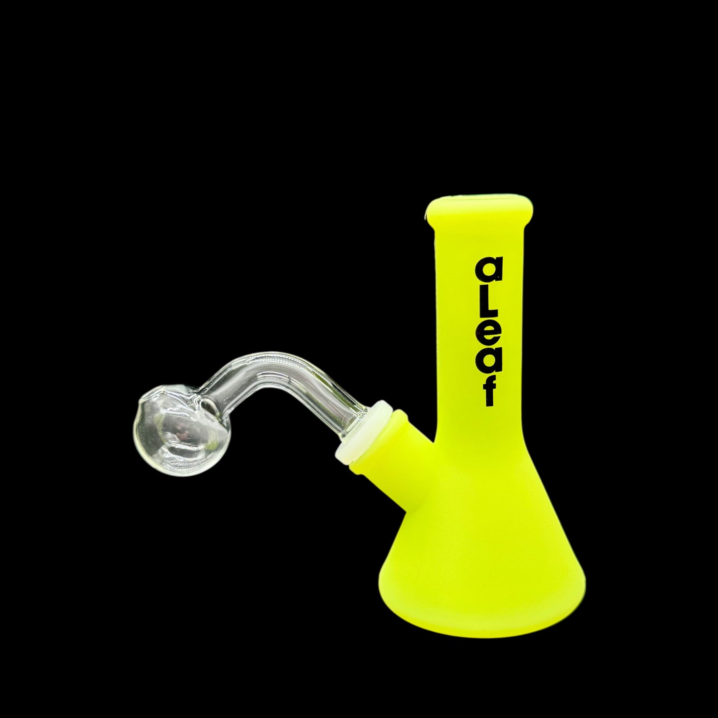 Yellow glass water pipe with 'aleaf' branding on a black background