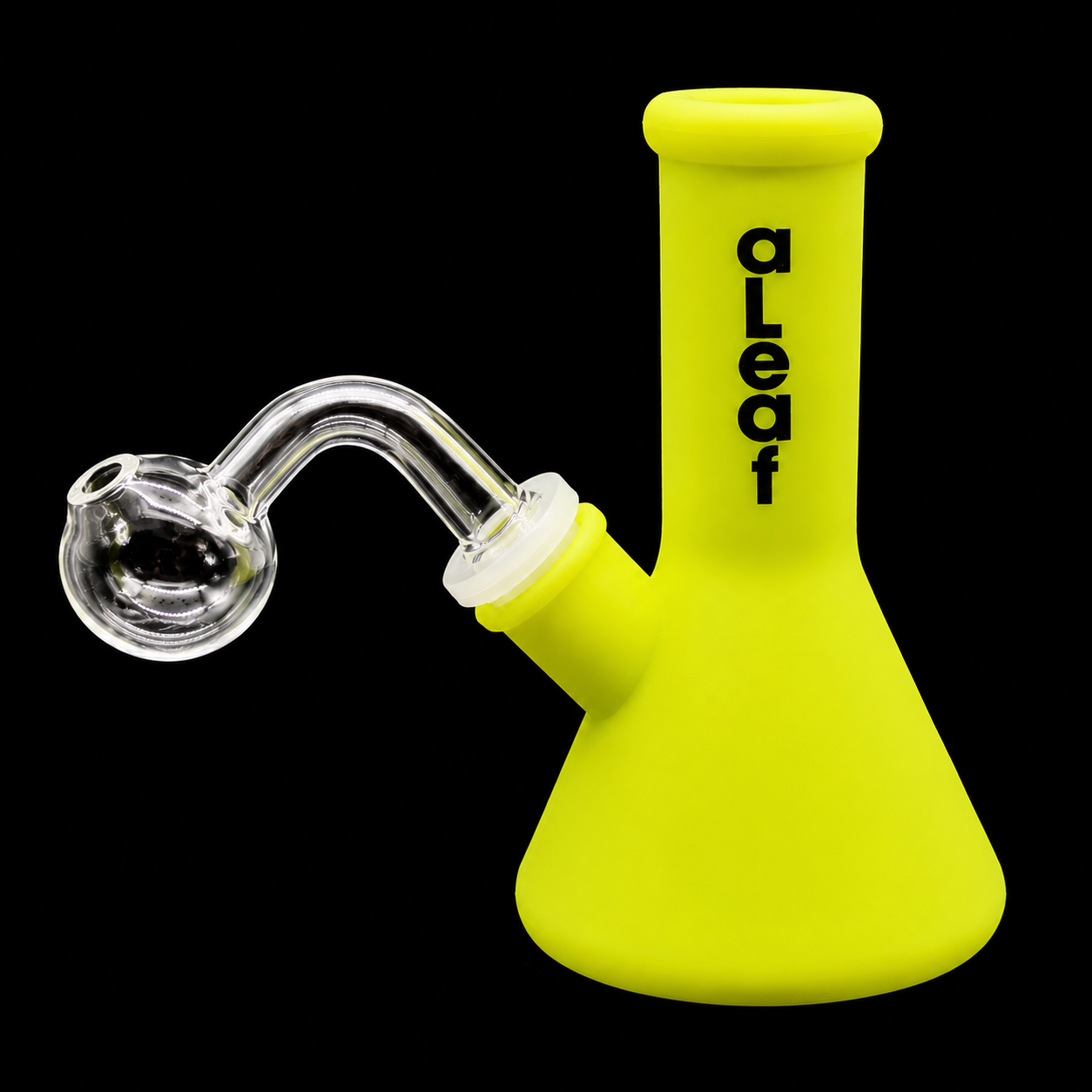 Yellow glass water pipe with 'aLeaf' branding on a black background