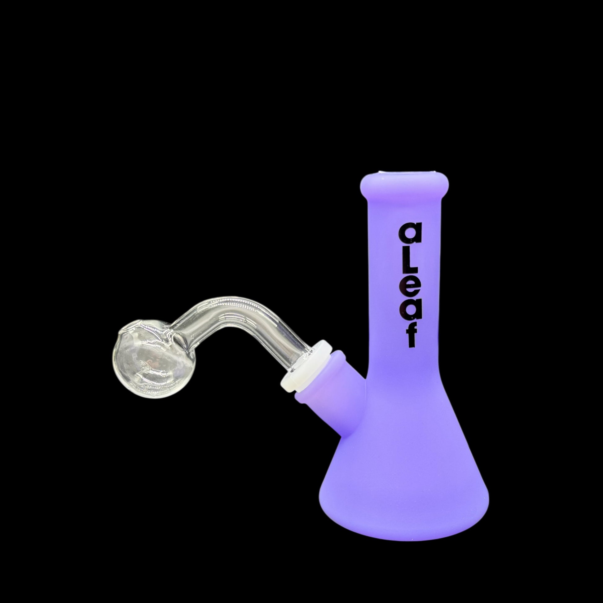 Purple glass smoking device with 'aLeaf' branding on a black background