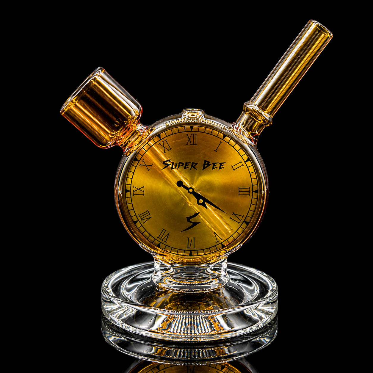 Decorative clock with 'Super Bee' branding on a black background