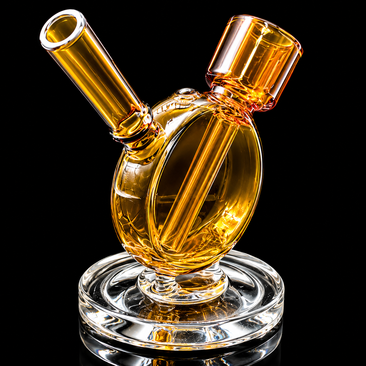 Glass smoking device with two outlets on a black background