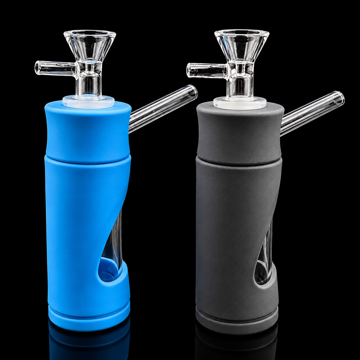 Two glass smoking accessories with silicone sleeves, one blue and one black, on a black background.