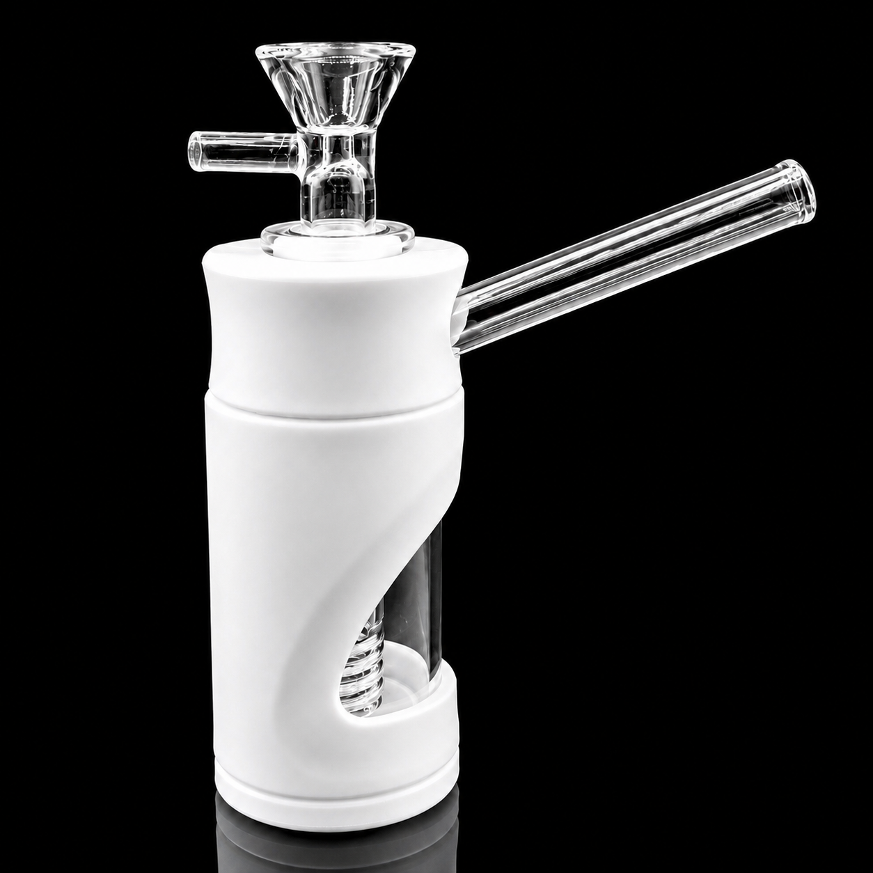 Glass smoking device with white base on a black background