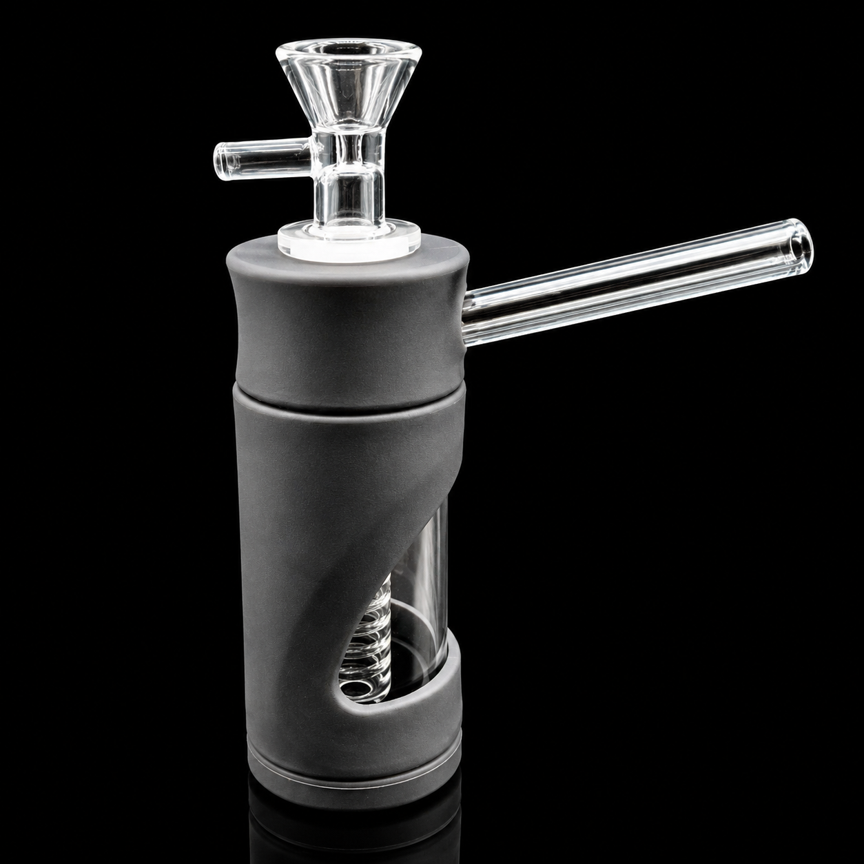 Glass smoking device with black rubber sleeve on a black background