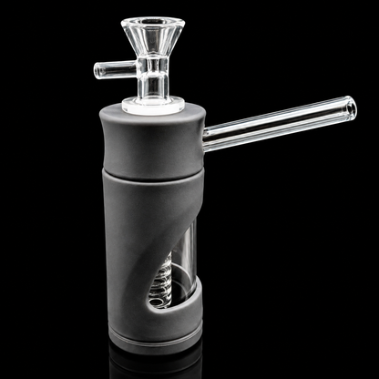 Glass smoking device with black rubber sleeve on a black background