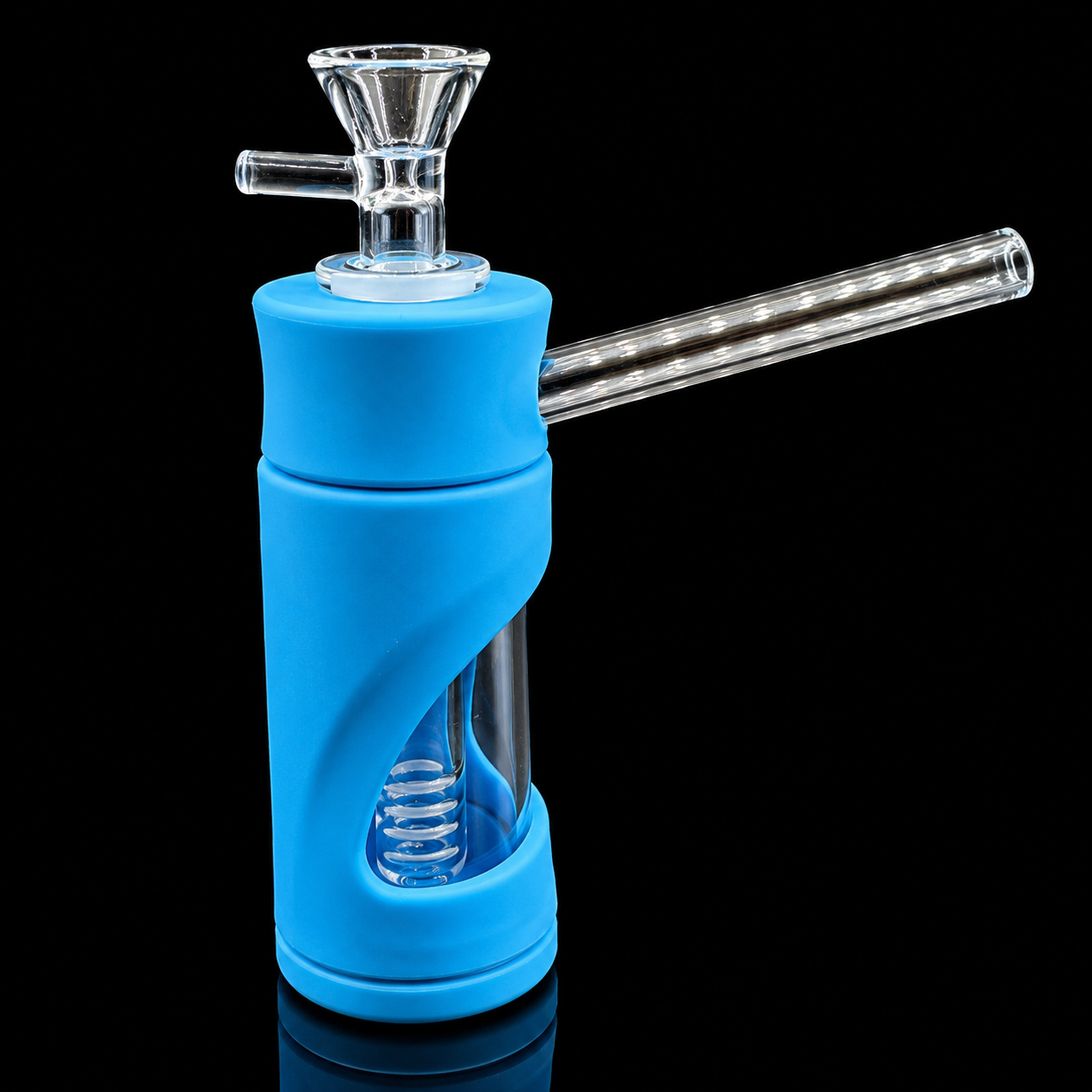 Blue glass smoking device with clear components on a black background