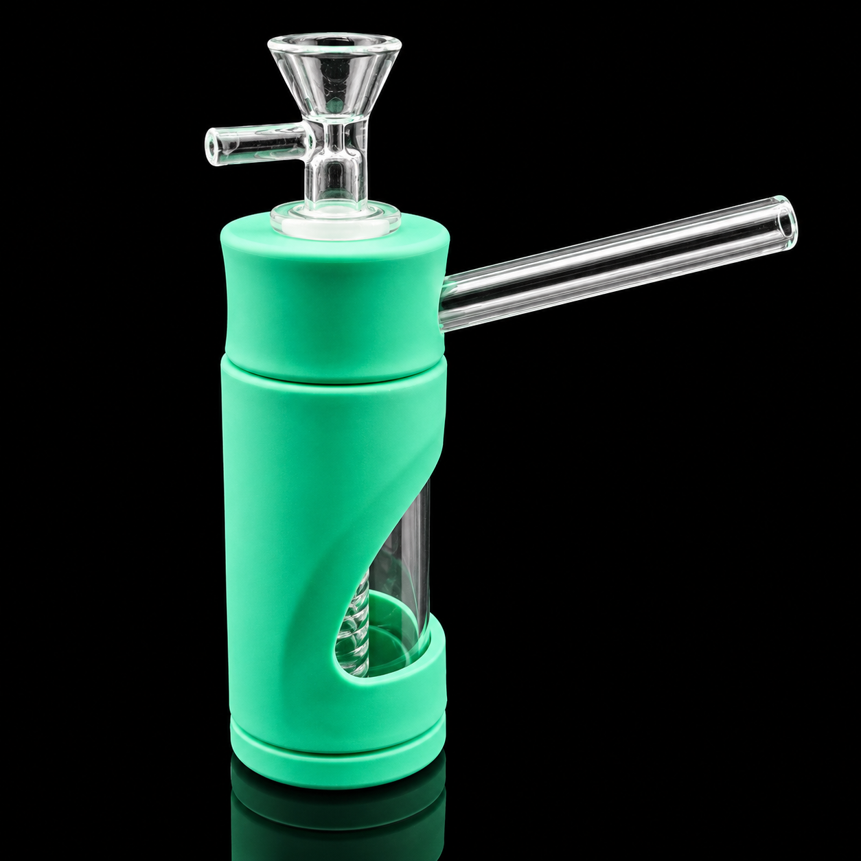 Green glass smoking device with a clear hose on a black background