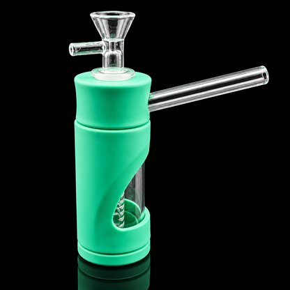 Green glass smoking device with a clear hose on a black background