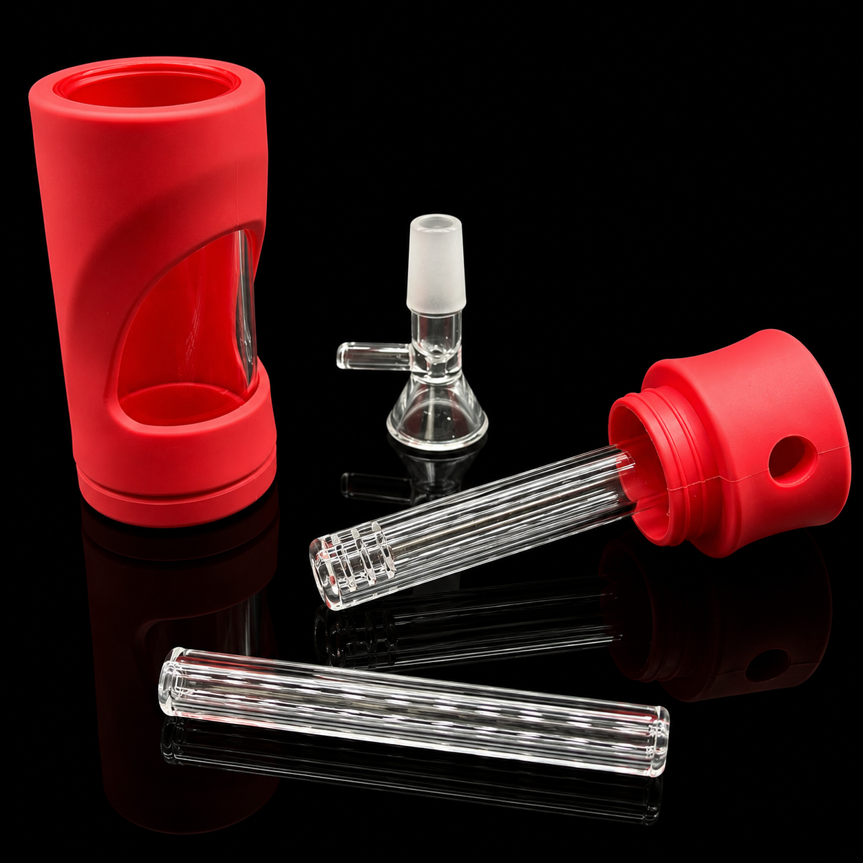 Red silicone container with clear glass components on a black background