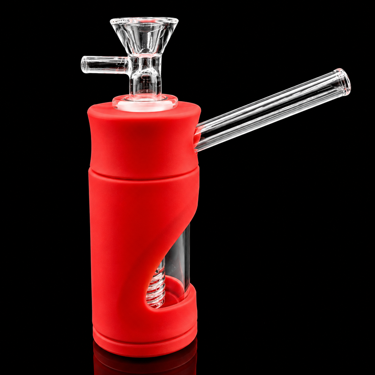 Red silicone smoking device with glass components on a black background
