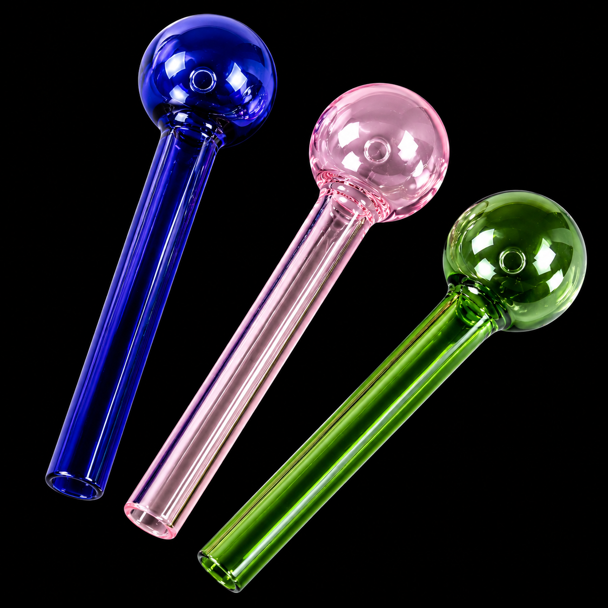 Three colorful glass pipes (blue, pink, green) on a black background