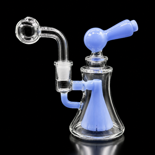 Glass smoking device with blue accents on a black background