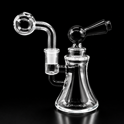 Clear glass smoking device with two outlets on a black background