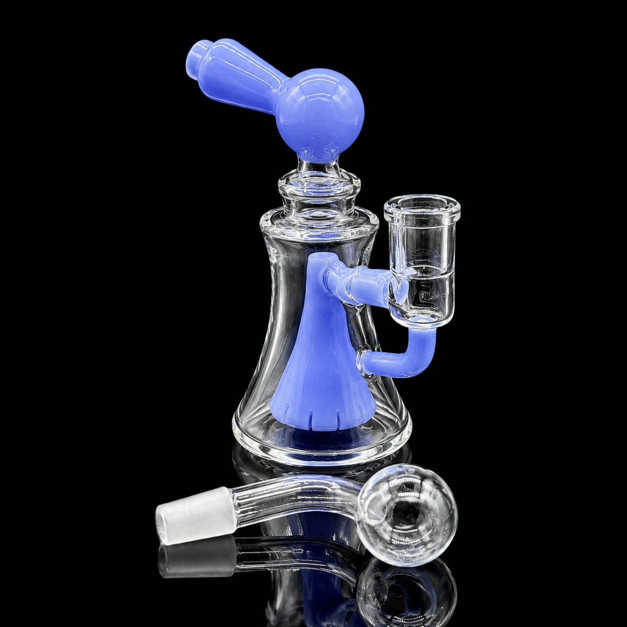 Glass smoking device with blue accents on a black background