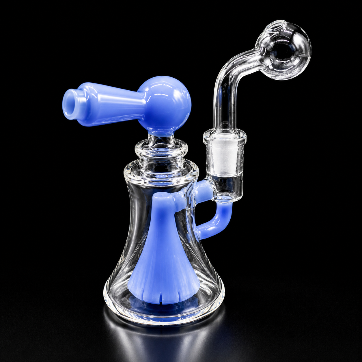 Glass smoking device with blue accents on a black background