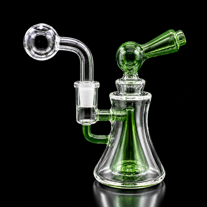 Glass smoking device with green and clear components on a black background