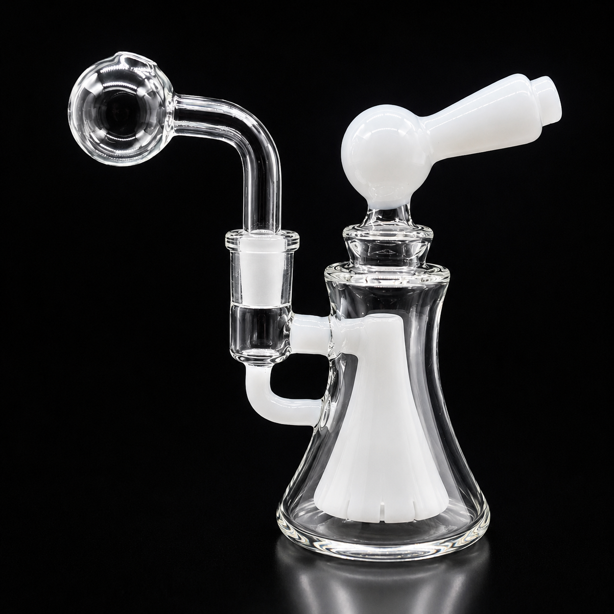 Glass smoking device with white accent on a black background