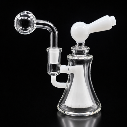 Glass smoking device with white accent on a black background