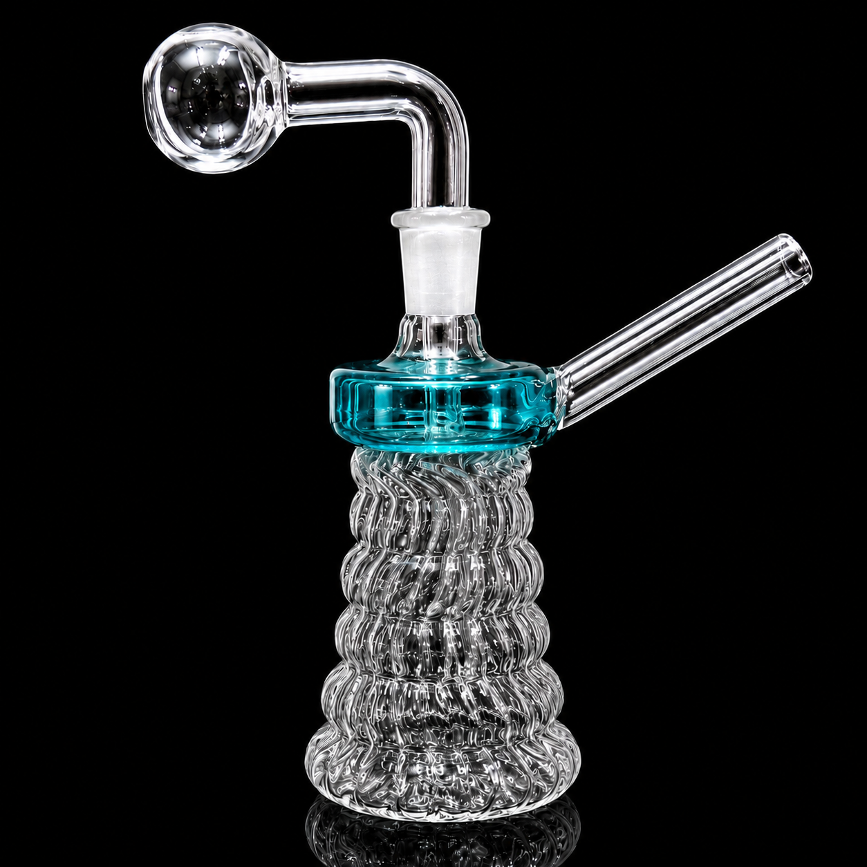 Glass water pipe with blue base and ribbed design on a black background