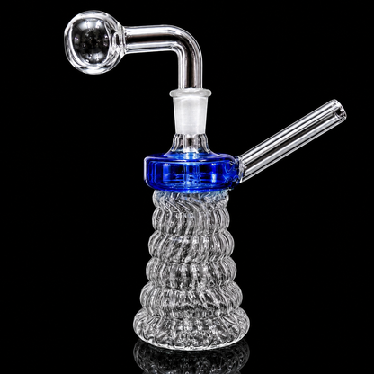 Glass water pipe with blue base and ribbed design on a black background