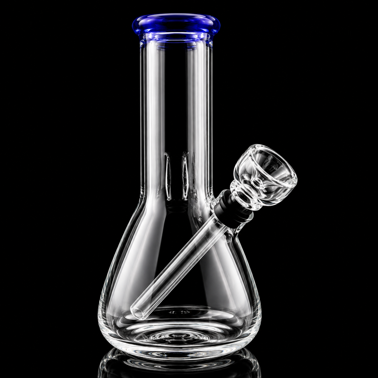 Clear glass bong with blue accent on a black background