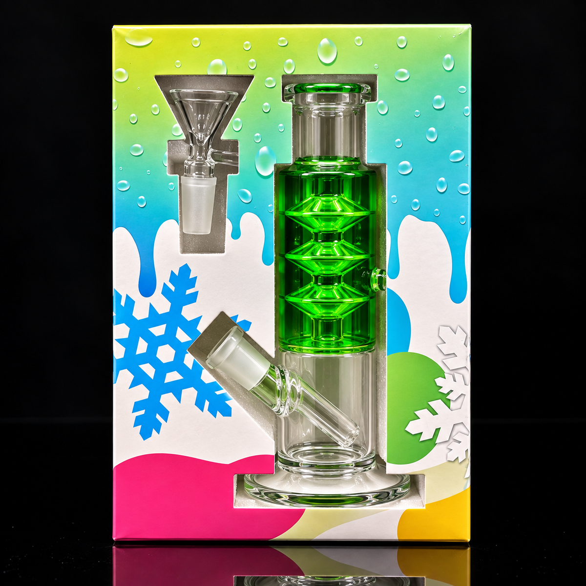 A glass water pipe with a bright green honeycomb-patterned chamber and clear glass base, shown mounted on a colorful printed retail box against a black background.