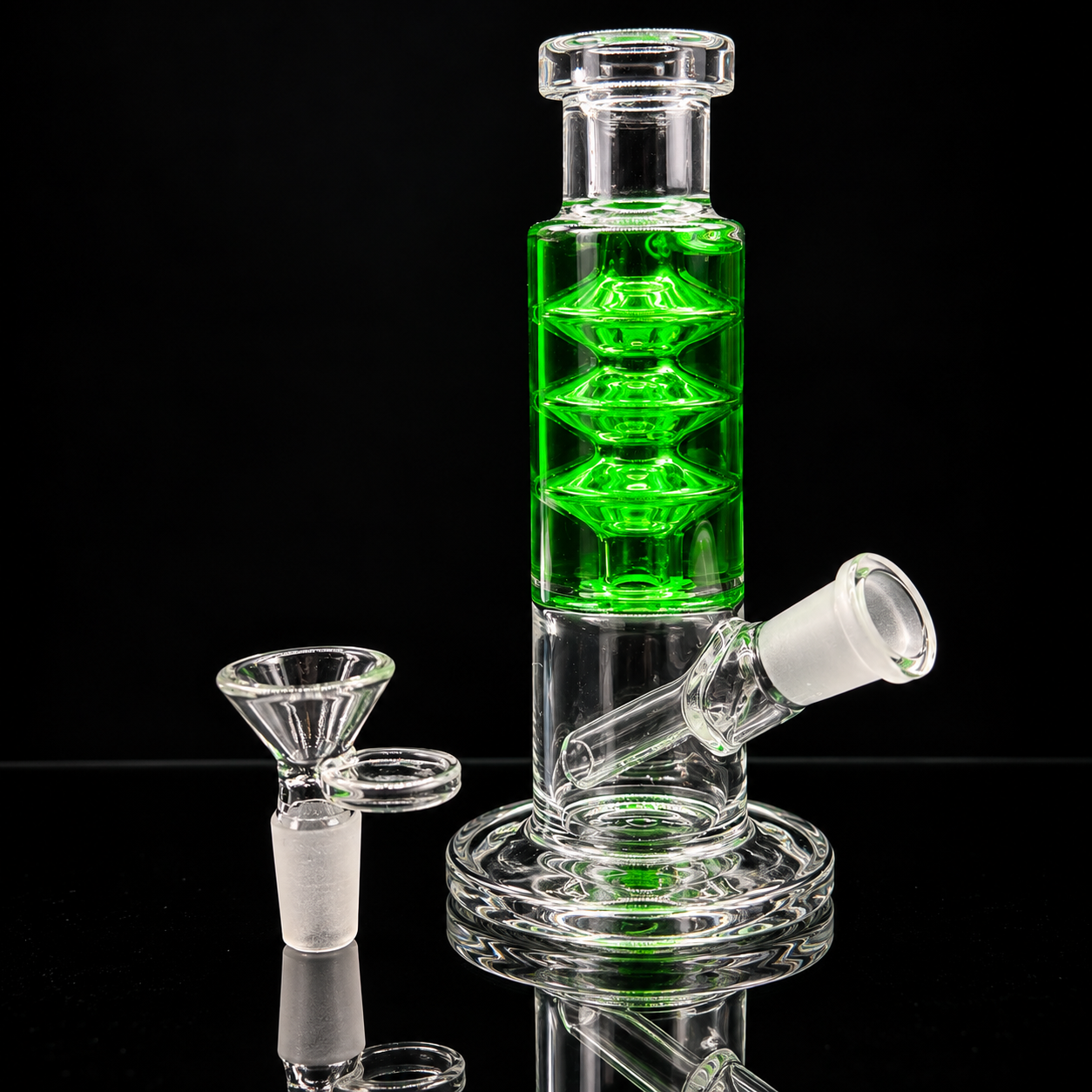 A clear glass water pipe with a bright green ribbed chamber and a separate clear glass bowl piece, displayed on a reflective black background.