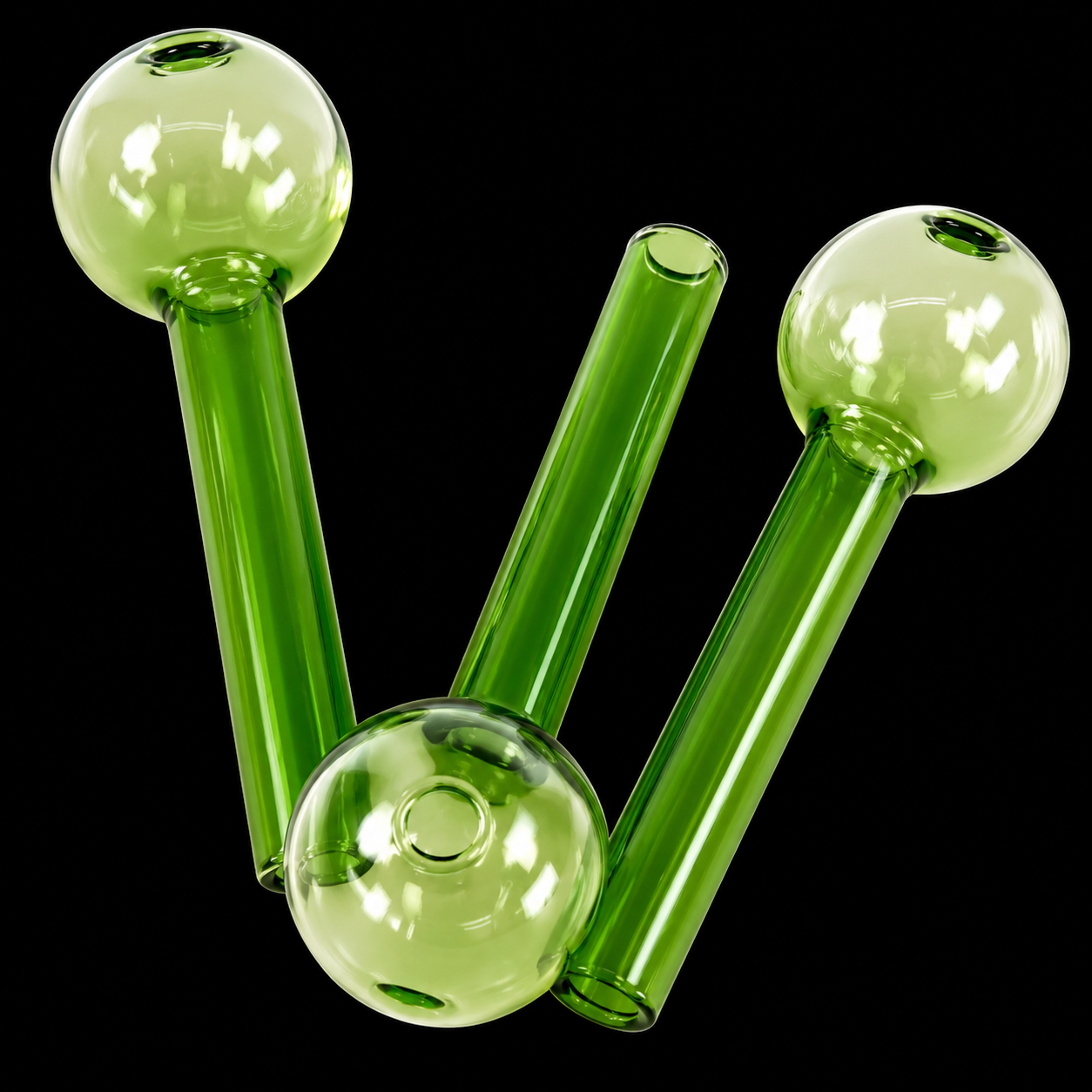 Green glass pipes arranged in a W shape on a black background