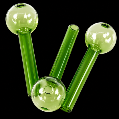 Green glass pipes arranged in a W shape on a black background