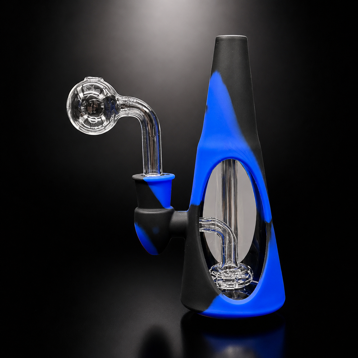 Glass smoking device with blue and black design on a dark background
