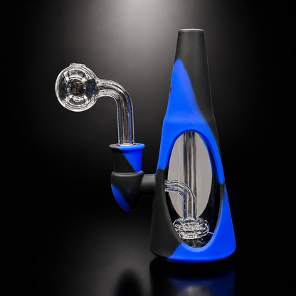 Glass smoking device with blue and black design on a dark background