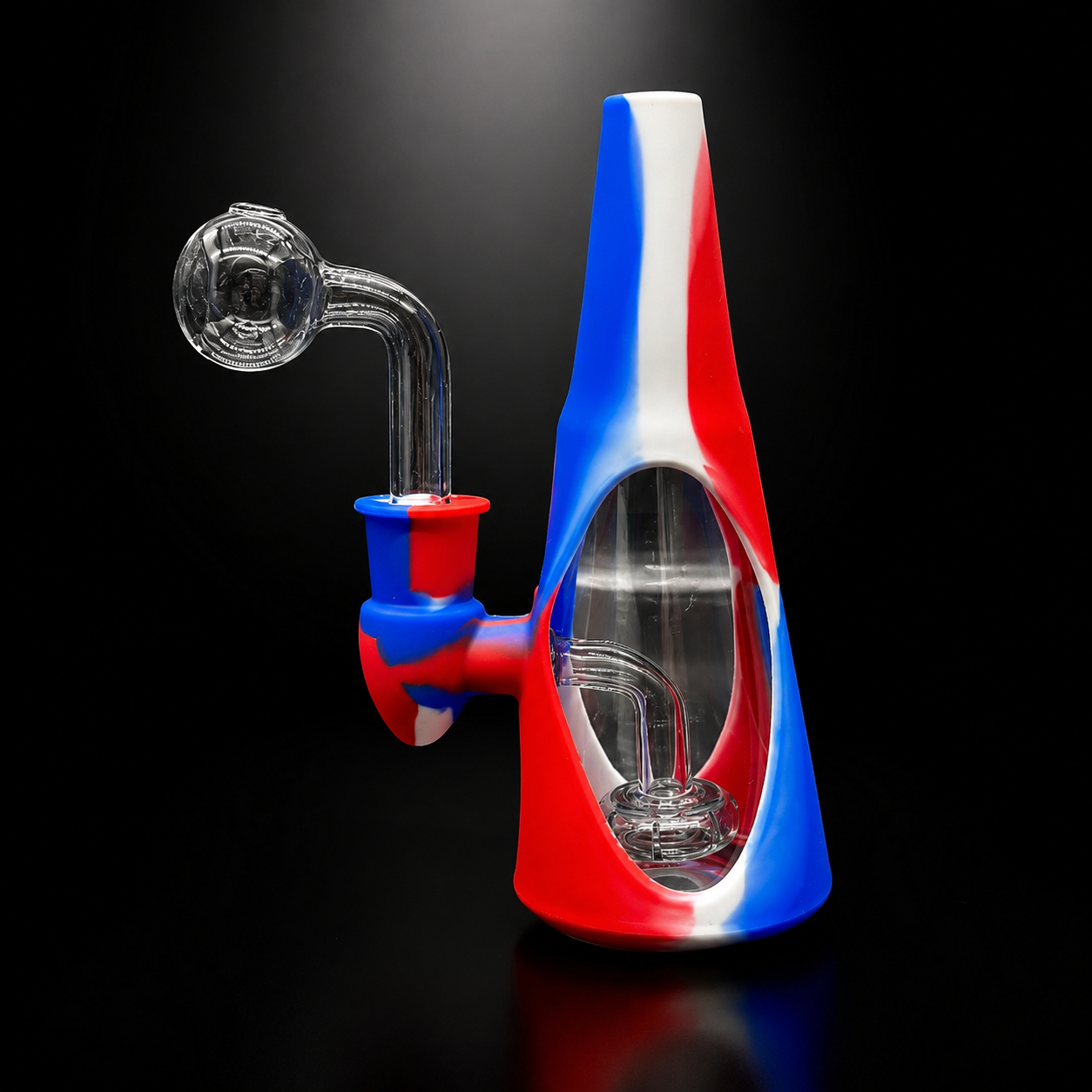 Glass smoking device with red, white, and blue colors on a black background